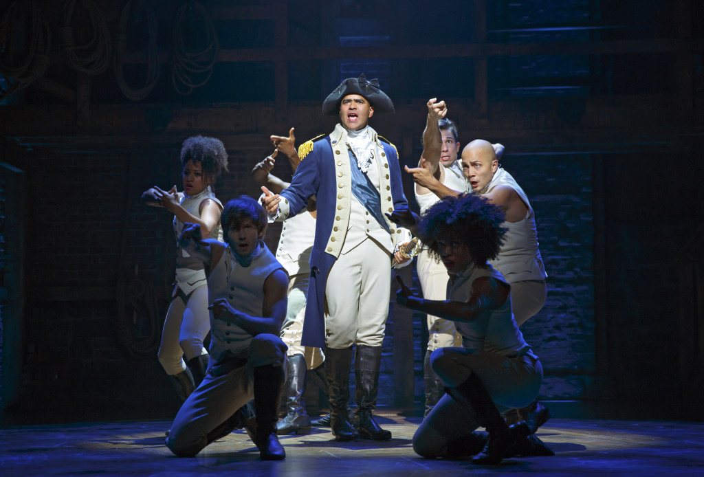 GEORGE WASHINGTON: Christopher Jackson & ensemble in 'Hamilton.' Photo: Joan Marcus