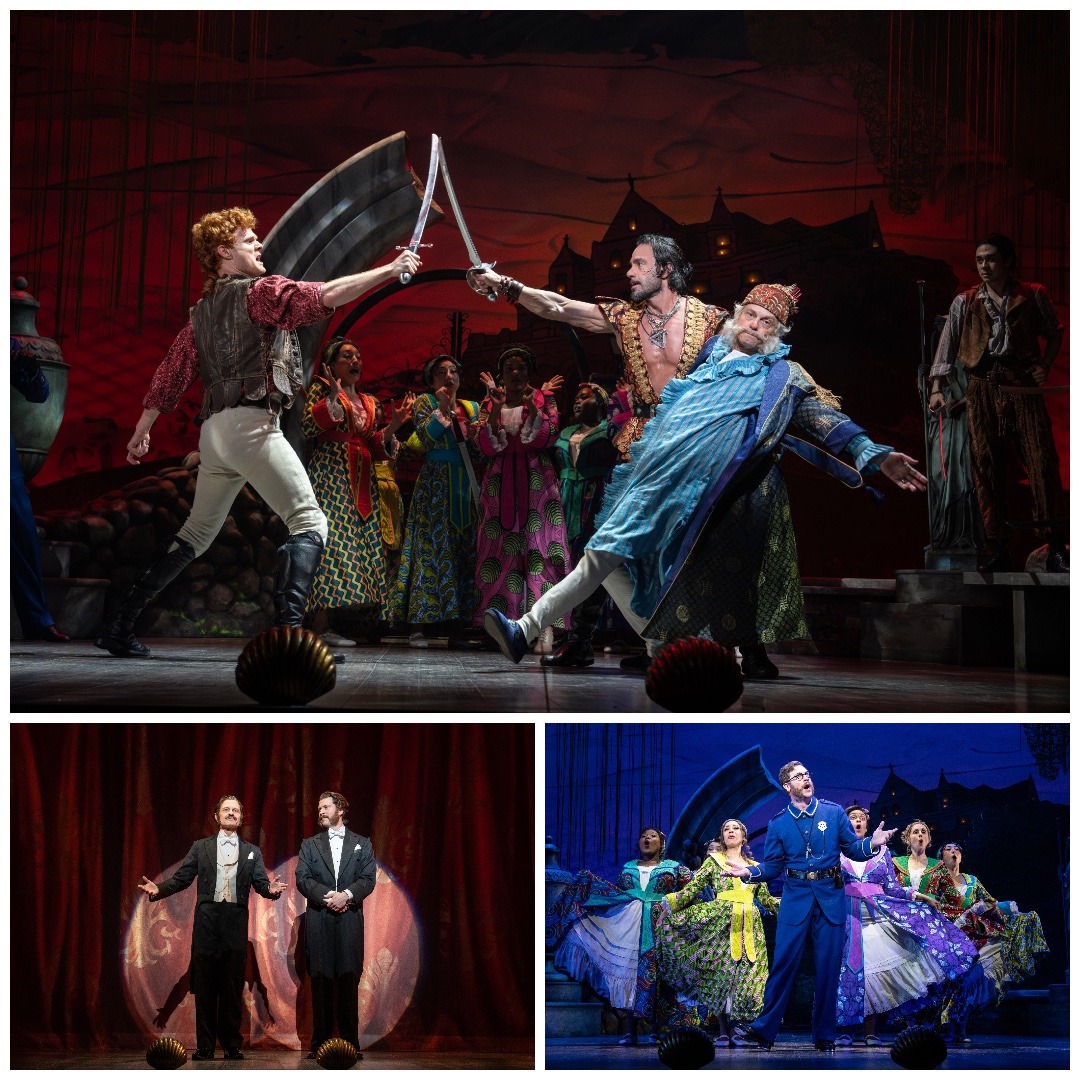 'PIRATES! THE PENZANCE MUSICAL': (Collage, top): Nicholas Barasch & Ramin Karimloo & David Hyde Pierce. (Bottom, left): David Hyde Pierce as William S. Gilbert & Preston Truman Boyd as Arthur Sullivan. (Bottom, right): Preston Truman Boyd as the Sergeant of Police & cast. Photos: Joan Marcus.