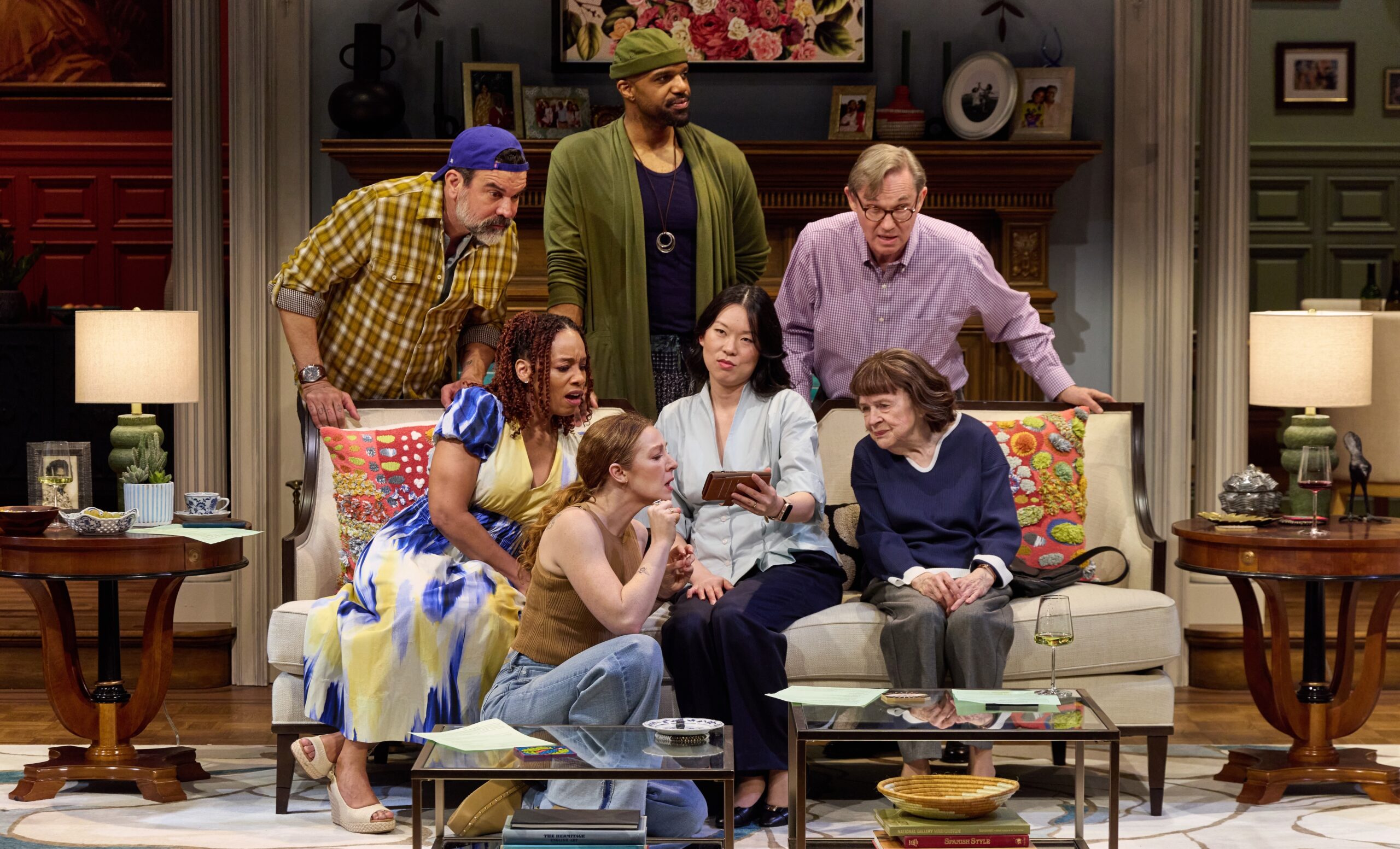 THE BALUSTERS’: (clockwise from left) Ricardo Chavira, Carl Clemons-Hopkins, Richard Thomas, Anika Noni Rose, Jeena Yi, Marylouise Burke & Kayli Carter. Photo: Jeremy Daniel.